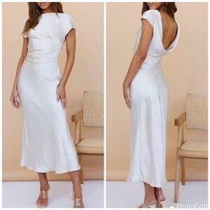 Gmettory Satin Cap Sleeve Ruched Back Dresses Elegant Ruched Waist  Midi Dress